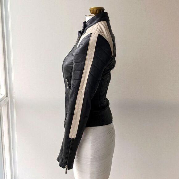 BCBG Max Azria Two-Tone Leather Biker/Moto Jacket - Black & Cream - Picture 7 of 8